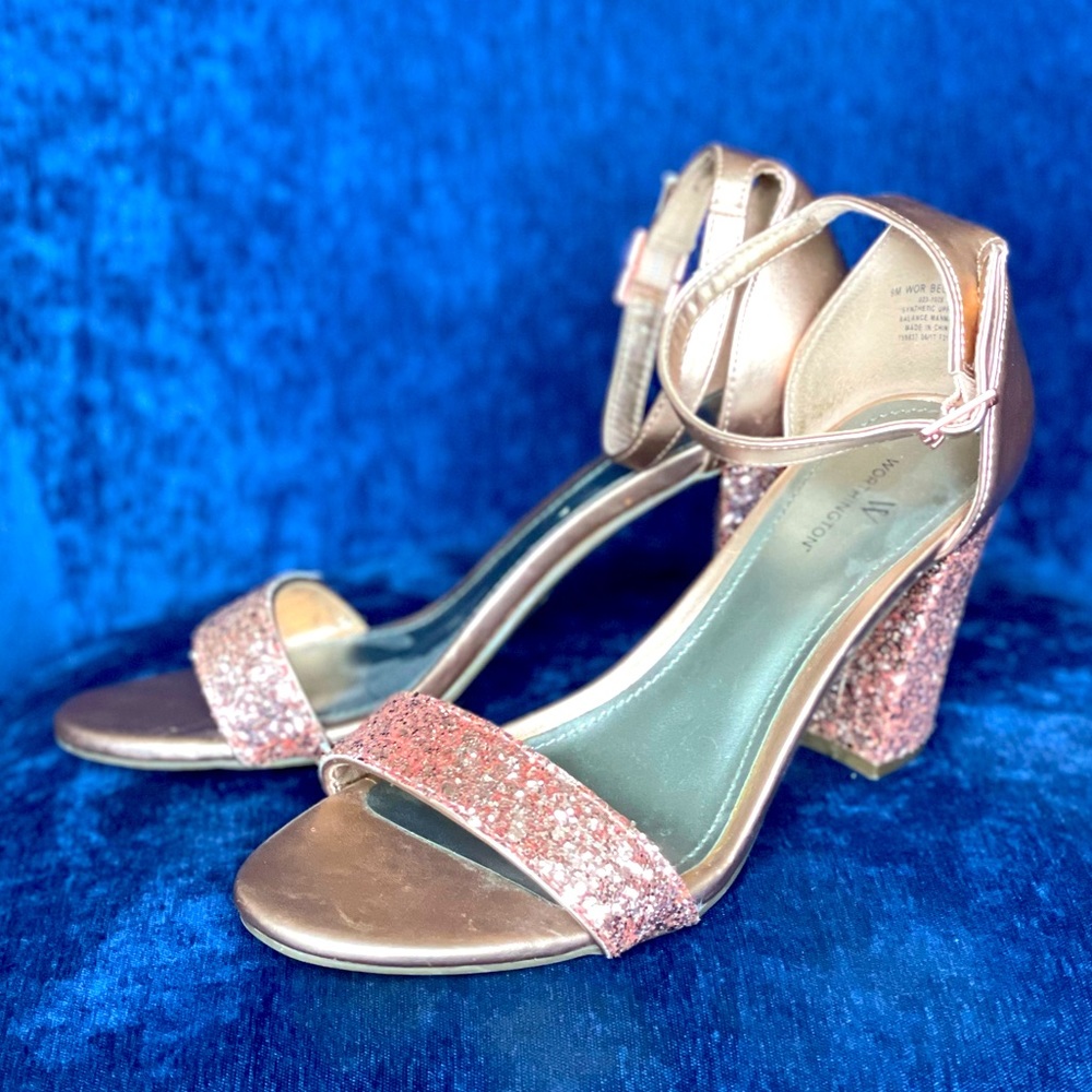 Sparkly Hot Pink Glitter Open Toe Ankle Strap Block Heels - Picture 6 of 9